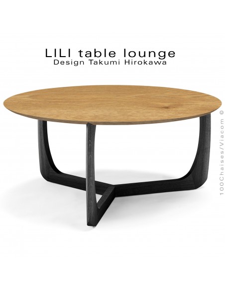 Table basse design LILI, piétement chêne teinté noir, plateau chêne massif huilé.