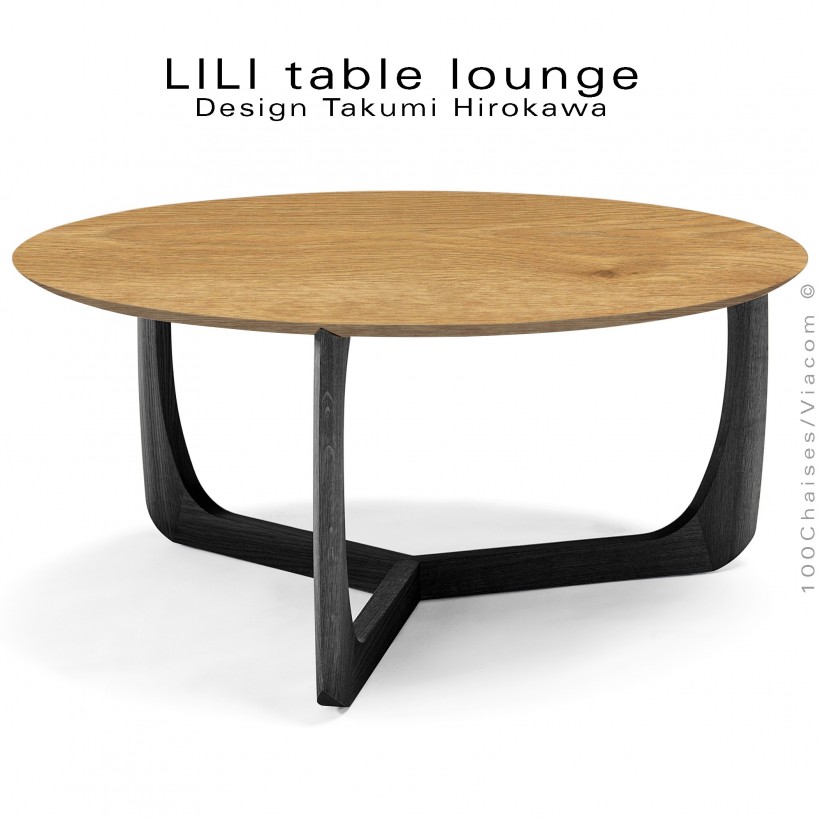 Table basse design LILI, piétement chêne teinté noir, plateau chêne massif huilé.