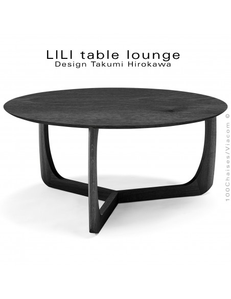 Table basse design LILI, piétement chêne et plateau Frêne teinté noir.