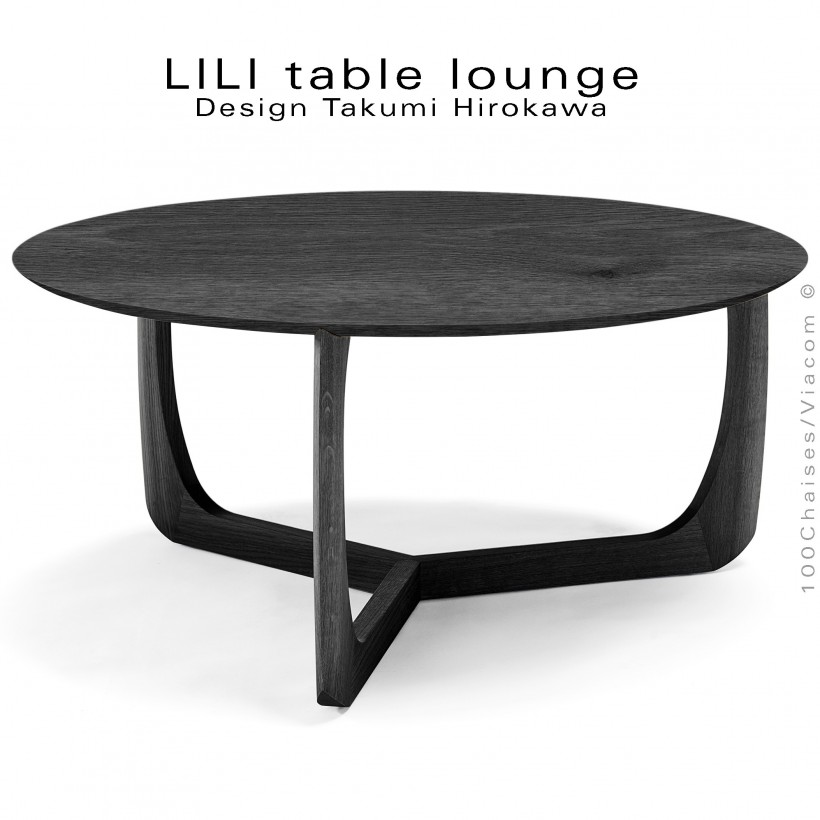 Table basse design LILI, piétement et plateau chêne teinté noir.