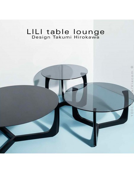 Collection table basse design LILI, piétement chêne, plateau stratifié, chêne massif, verre.