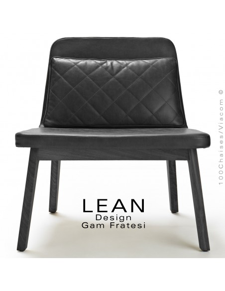 Fauteuil lounge LEAN, pour salle d'attente ou salon, finition chêne teinté noir, cuir noir avec coussin.