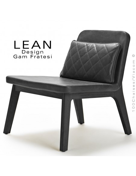 Fauteuil lounge LEAN, pour salle d'attente ou salon, finition chêne teinté noir, cuir noir avec coussin.