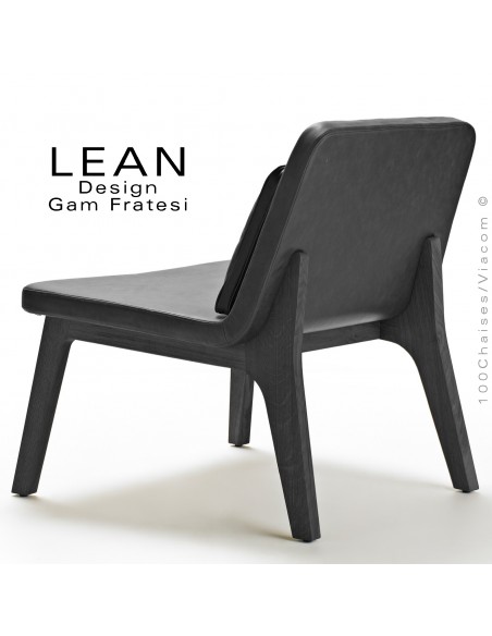 Fauteuil lounge LEAN, pour salle d'attente ou salon, finition chêne teinté noir, cuir noir avec coussin.