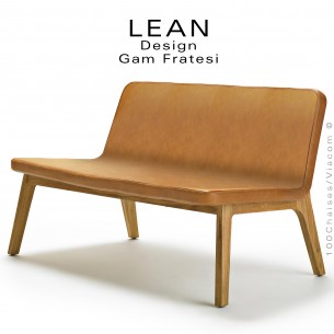 Canapé lounge LEAN, assise 2 places, structure en bois de Chêne massif huilé, assise cuir cognac.