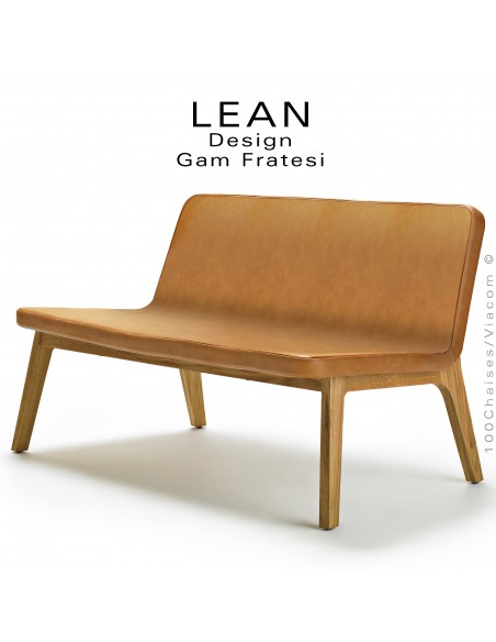 Canapé lounge LEAN, assise 2 places, structure en bois de Chêne massif huilé, assise cuir cognac.