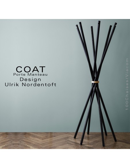 Porte manteau design COAT, structure six tiges en bois de frêne teinté noir.