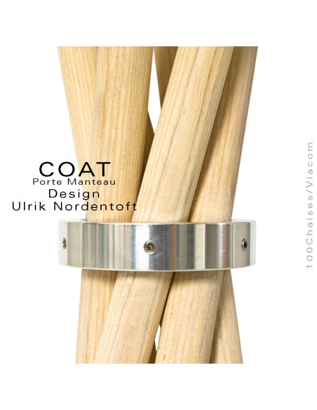 Porte manteau design COAT, structure six tiges en bois de frêne maintenu par un anneau ou bague d'aluminium.