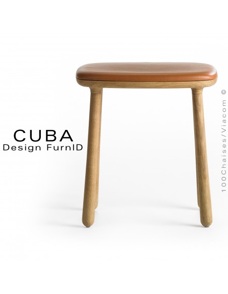 Tabouret design CUBA structure en bois de chêne massif, huilé, assise cuir couleur cognac.
