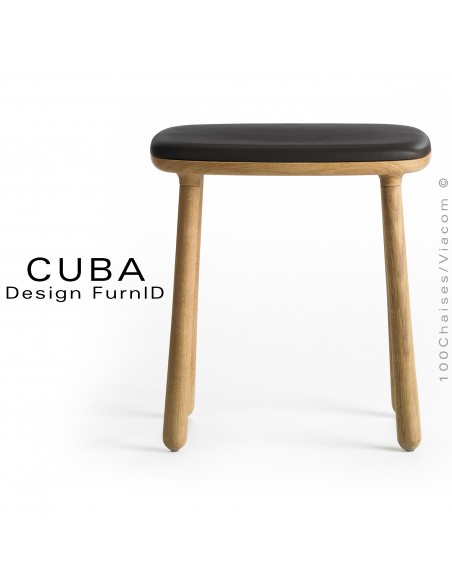 Tabouret design CUBA structure en bois de chêne massif, huilé, assise cuir couleur noir.