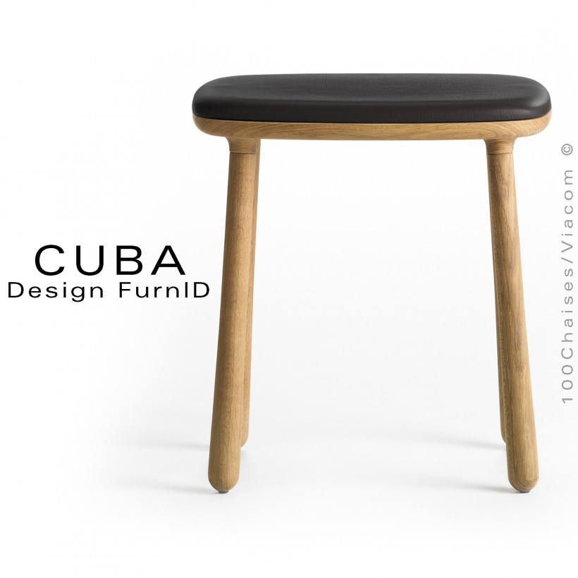 Tabouret design CUBA structure en bois de chêne massif, huilé, assise cuir couleur noir.