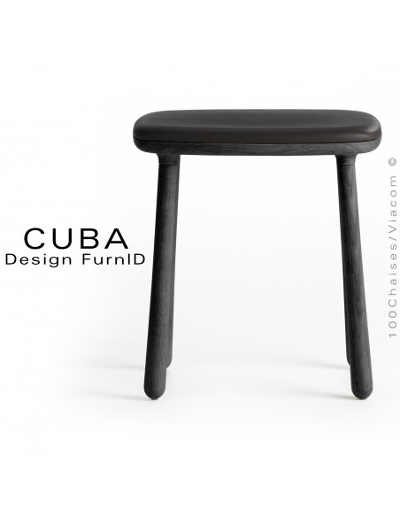 Tabouret design CUBA structure en bois de chêne massif, teinté noir, assise cuir couleur noir.