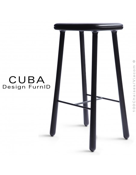 Tabourets design CUBA, hauteurs d'assises, 77 cm., avec repose pieds peint noir, piétement noir, cuir noir.