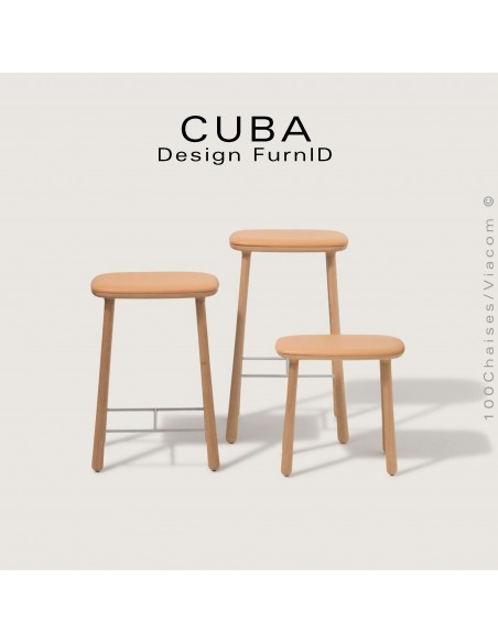 Collection tabourets CUBA, trois hauteurs d'assises, 46 cm., 66 cm. et 77 cm., avec repose pieds chromé ou peint.