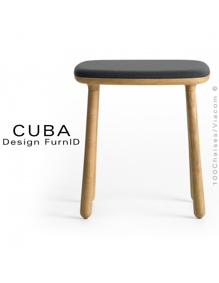 Tabouret design CUBA structure en bois de chêne massif, huilé, assise tissu tissé couleur anthracite.