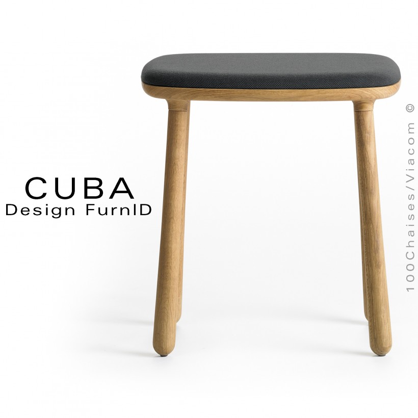 Tabouret design CUBA structure en bois de chêne massif, huilé, assise tissu tissé couleur anthracite.