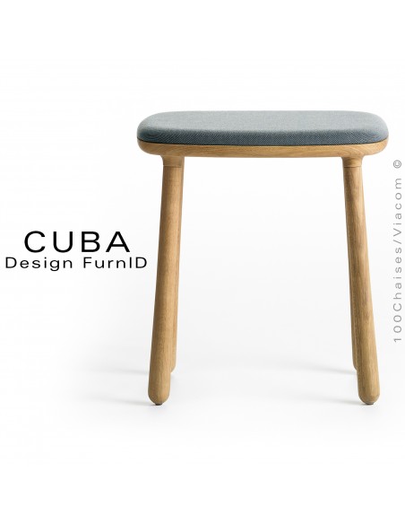 Tabouret design CUBA structure en bois de chêne massif, huilé, assise tissu tissé couleur gris/bleu.