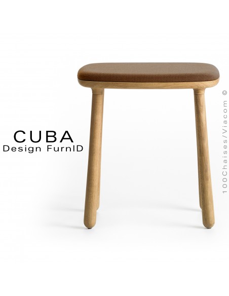 Tabouret design CUBA structure en bois de chêne massif, huilé, assise tissu tissé couleur marron.