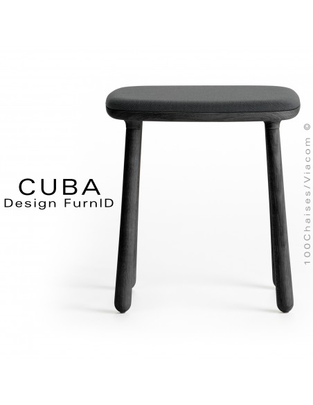 Tabouret design CUBA structure en bois de chêne massif, teinté noir, assise tissu tissé couleur anthracite.