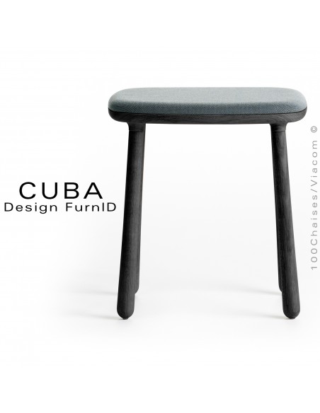 Tabouret design CUBA structure en bois de chêne massif, teinté noir, assise tissu tissé couleur gris/bleu.