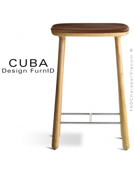 Tabouret design CUBA, structure en bois de chêne massif huilé, assise cuir couleur marron.