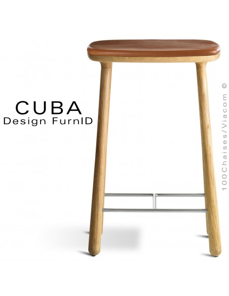 Tabouret design CUBA, structure en bois de chêne massif huilé, assise cuir couleur cognac.