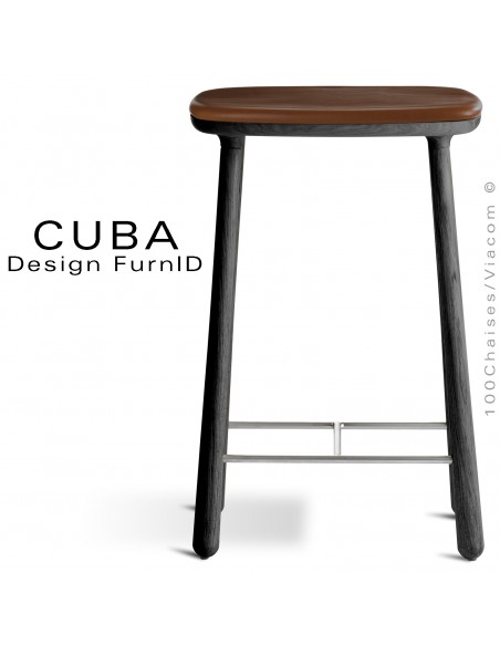 Tabouret design CUBA, structure en bois de chêne massif teinté noir, assise cuir couleur marron.