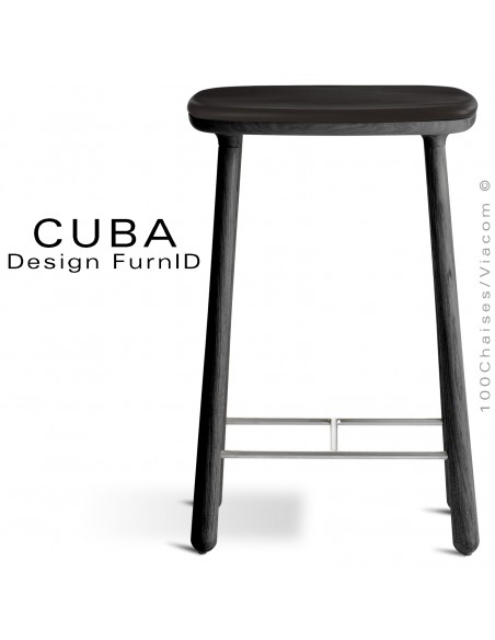 Tabouret design CUBA, structure en bois de chêne massif teinté noir, assise cuir couleur noir.