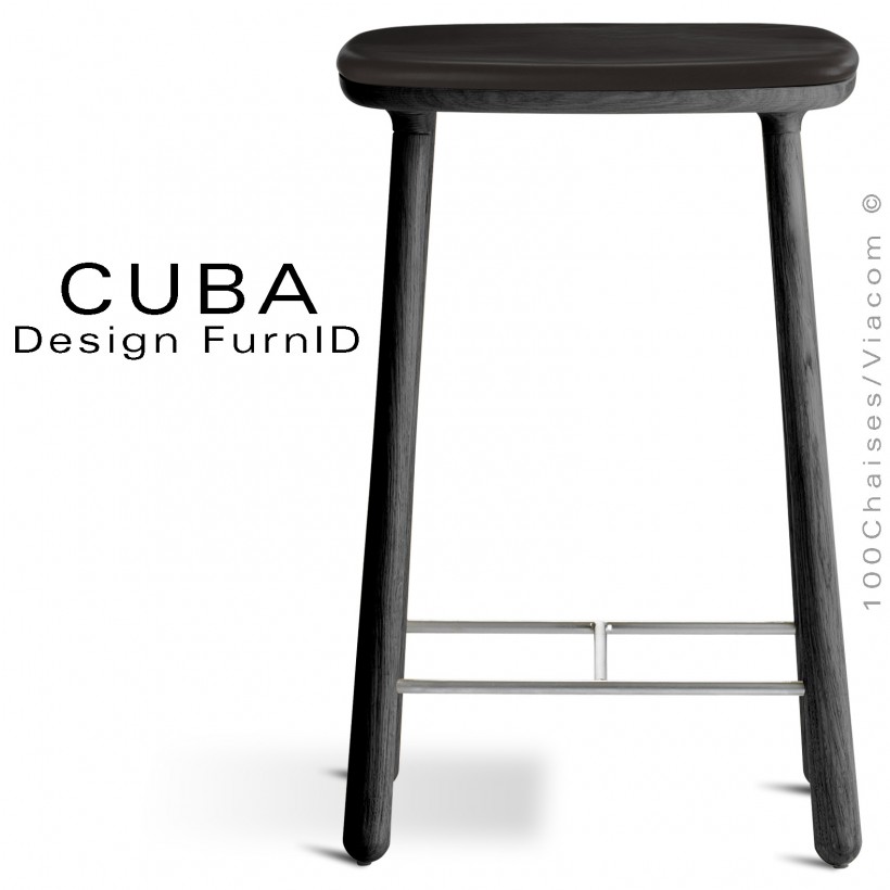 Tabouret design CUBA, structure en bois de chêne massif teinté noir, assise cuir couleur noir.