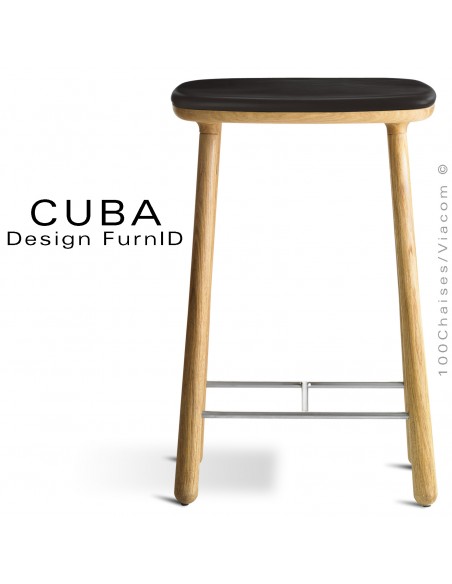 Tabouret design CUBA, structure en bois de chêne massif huilé, assise cuir couleur noir.