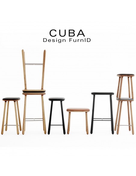 Collection tabouret CUBA, assise cuir ou tissu au choix.