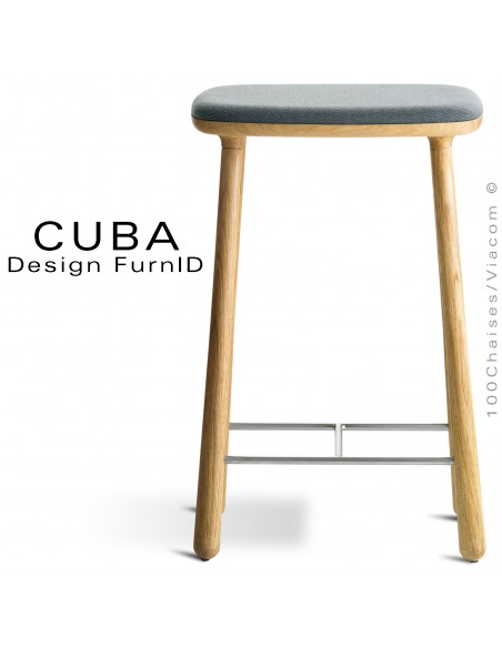 Tabouret design CUBA-66, structure 4 pieds en bois de chêne massif huilé, assise tissu couleur gris/bleu.