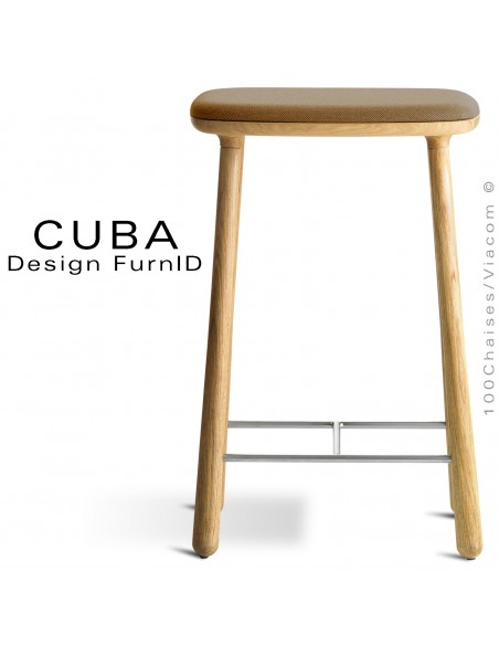 Tabouret design CUBA-66, structure 4 pieds en bois de chêne massif huilé, assise tissu couleur marron.