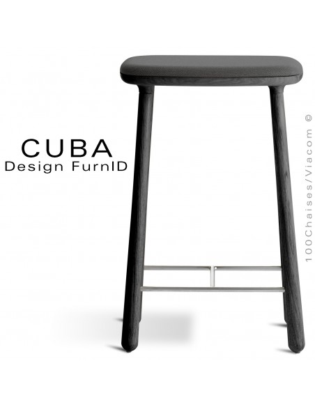 Tabouret design CUBA-66, structure 4 pieds en bois de chêne massif teinté noir, assise tissu couleur anthracite.