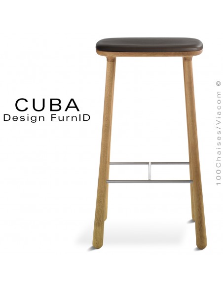 Tabouret design CUBA-77 structure 4 pieds en bois de chêne massif, huilé, assise cuir couleur marron.