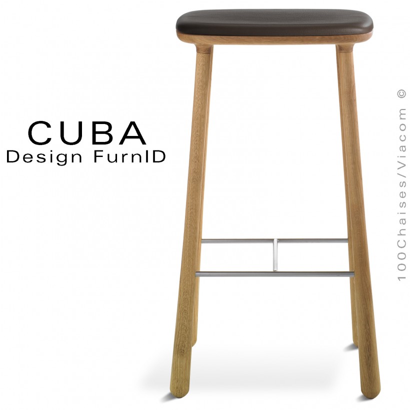 Tabouret design CUBA-77 structure 4 pieds en bois de chêne massif, huilé, assise cuir couleur marron.