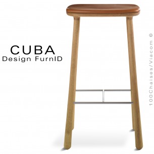 Tabouret design CUBA-77 structure 4 pieds en bois de chêne massif, huilé, assise cuir couleur cognac.