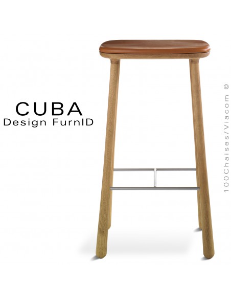 Tabouret design CUBA-77 structure 4 pieds en bois de chêne massif, huilé, assise cuir couleur cognac.