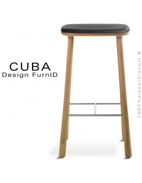 Tabouret design CUBA-77 structure 4 pieds en bois de chêne massif, huilé, assise cuir couleur noir.
