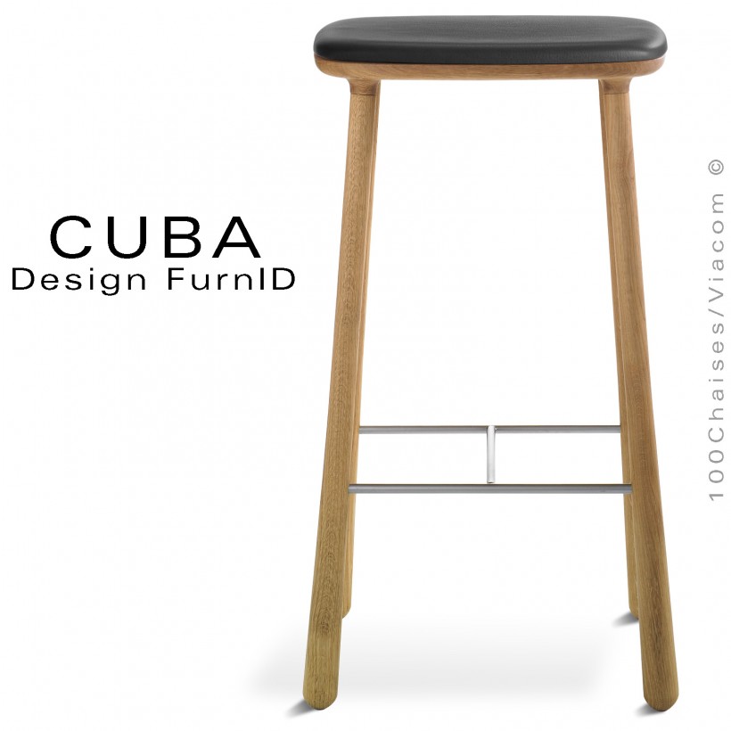 Tabouret design CUBA-77 structure 4 pieds en bois de chêne massif, huilé, assise cuir couleur noir.