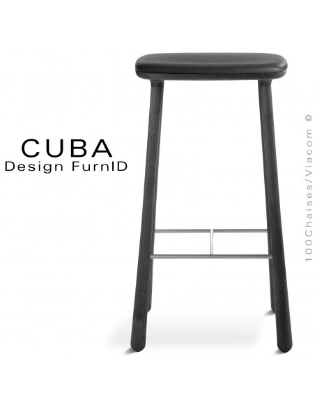 Tabouret design CUBA-77 structure 4 pieds en bois de chêne massif, teinté noir, assise cuir couleur noir.