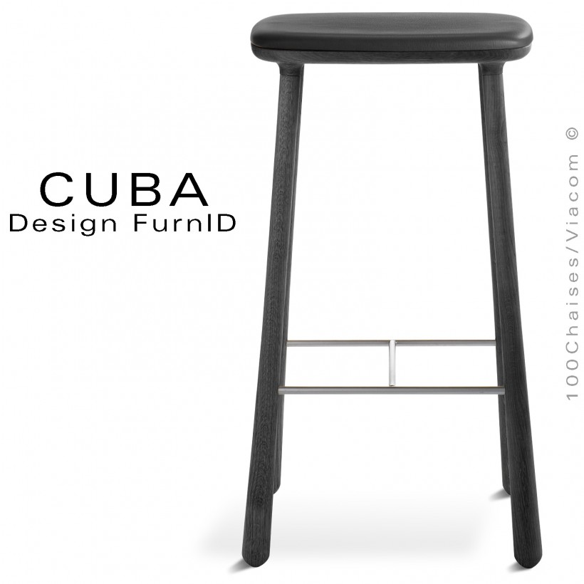 Tabouret design CUBA-77 structure 4 pieds en bois de chêne massif, teinté noir, assise cuir couleur noir.