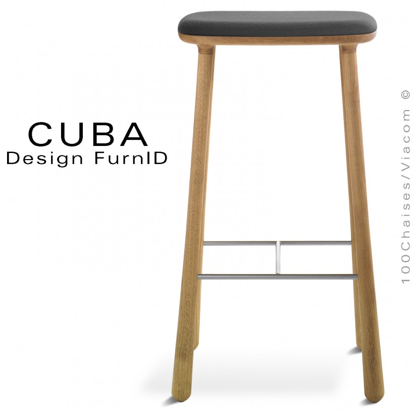 Tabouret design CUBA-77 structure 4 pieds en bois de chêne massif, huilé, assise tissu couleur anthracite.