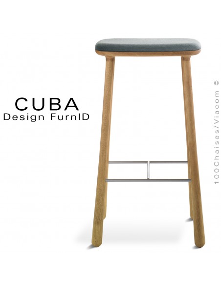 Tabouret design CUBA-77 structure 4 pieds en bois de chêne massif, huilé, assise tissu couleur gris/bleu.