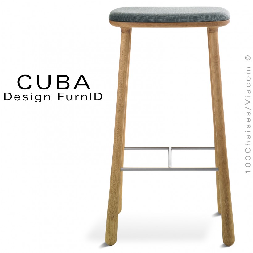 Tabouret design CUBA-77 structure 4 pieds en bois de chêne massif, huilé, assise tissu couleur gris/bleu.