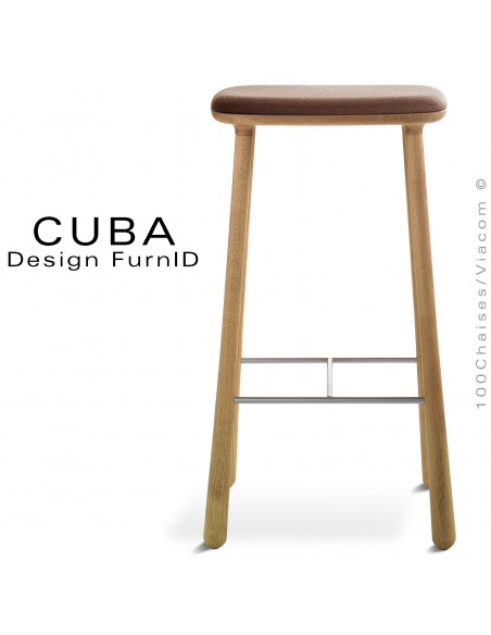 Tabouret design CUBA-77 structure 4 pieds en bois de chêne massif, huilé, assise tissu couleur marron.