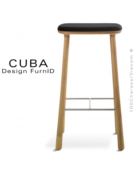 Tabouret design CUBA-77 structure 4 pieds en bois de chêne massif, huilé, assise tissu couleur noir.