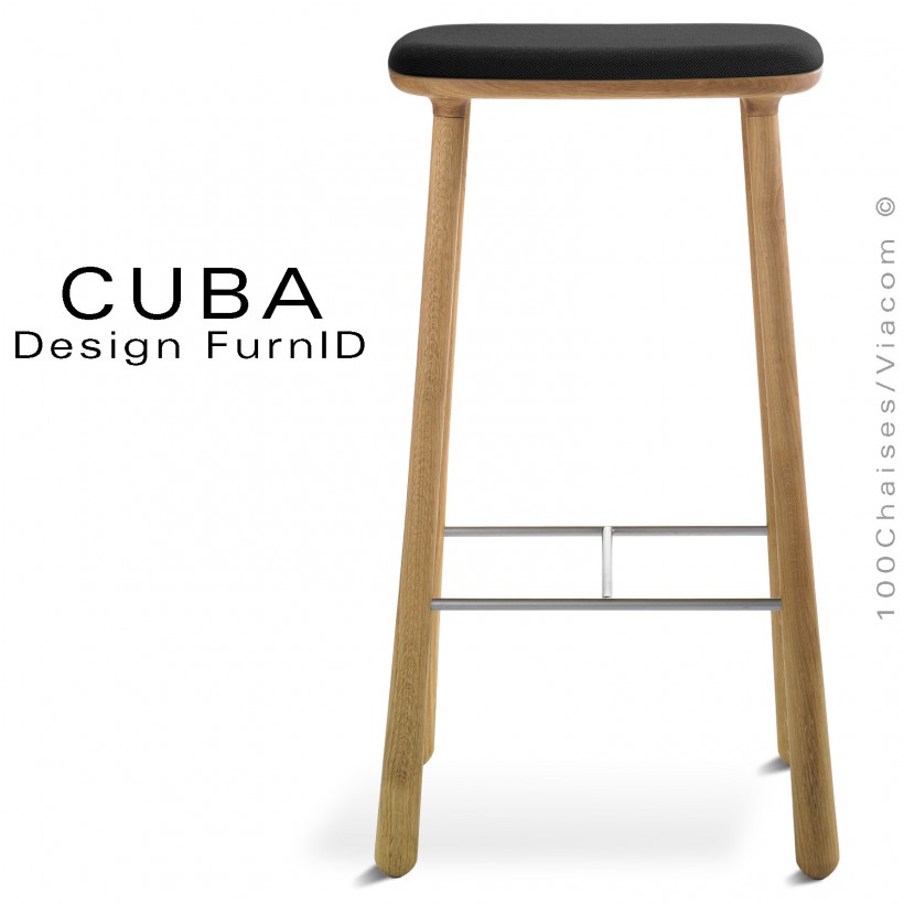 Tabouret design CUBA-77 structure 4 pieds en bois de chêne massif, huilé, assise tissu couleur noir.