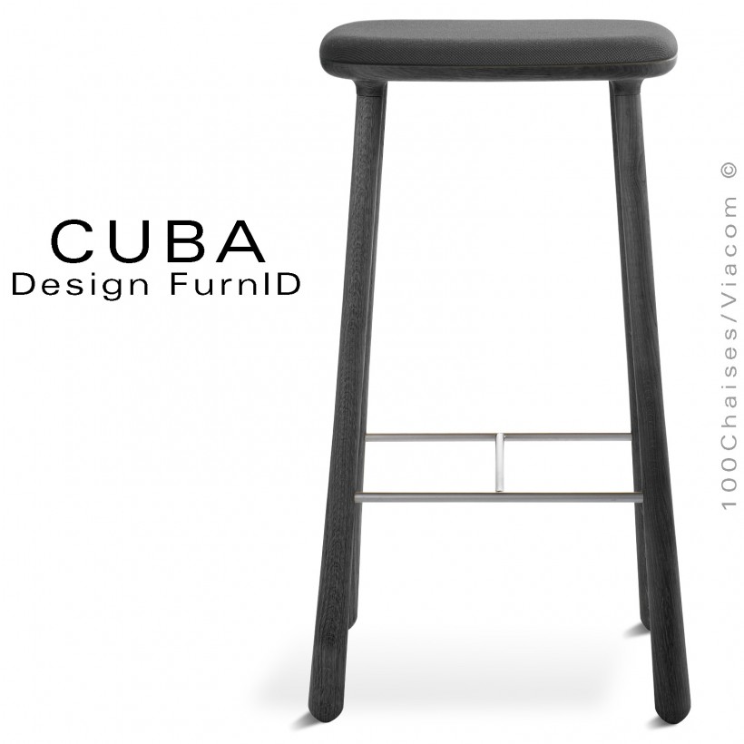 Tabouret design CUBA-77 structure 4 pieds en bois de chêne massif, teinté noir, assise tissu couleur anthracite.