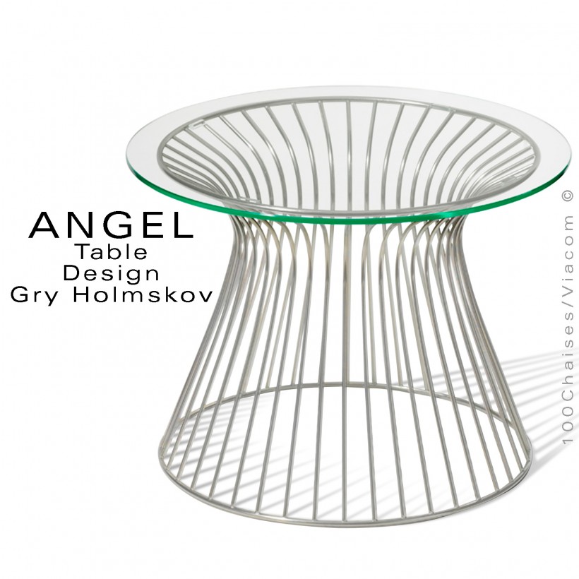 Table design ANGEL, plateau verre securit ou trempé, structure en fil d'acier finition galvanisé pour extérieur.